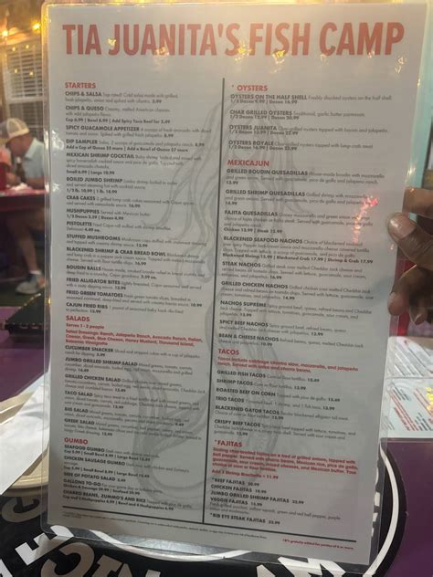 Menu at Tia Juanita's Fish Camp restaurant, Beaumont, Calder Ave