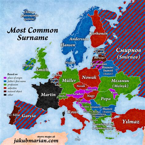 Most common surnames by country in Europe