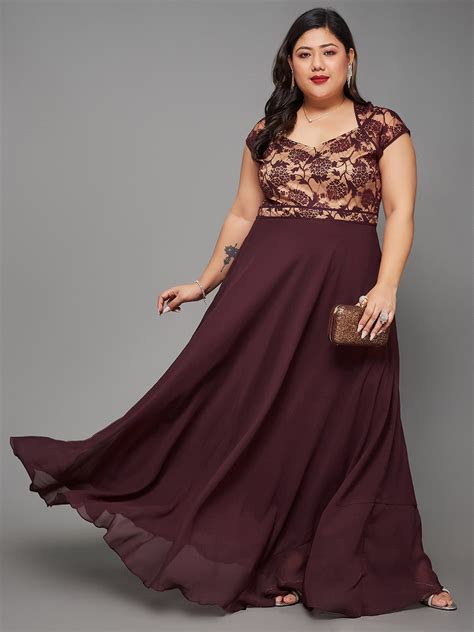Wine Floral Cap Sleeves Fit and Flare Lace Maxi Dress for Women
