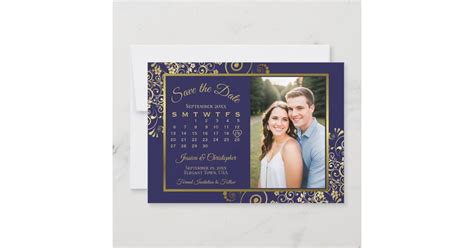 Elegant Navy Blue & Gold Calendar & Photo Wedding Save The Date | Zazzle
