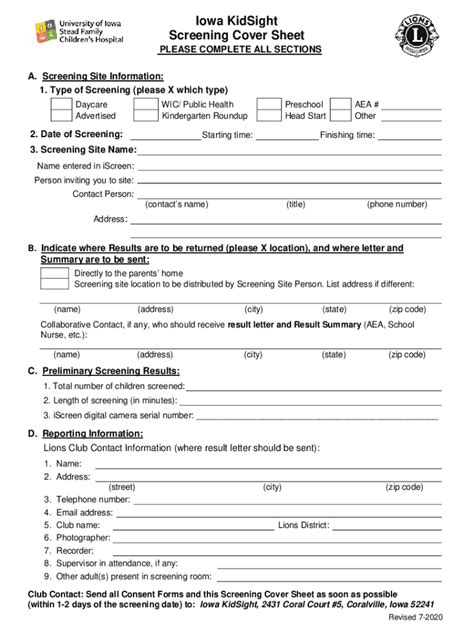 Iowa KidSight Screening Cover Sheet - Blank Fillable Template | Fill ...
