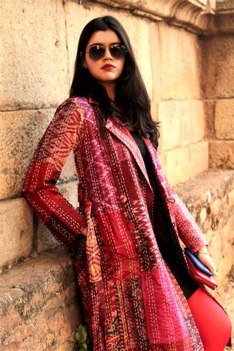 Hennessy - Romantic Rosette Patola Silk Patchwork Kantha Trench Coat ...