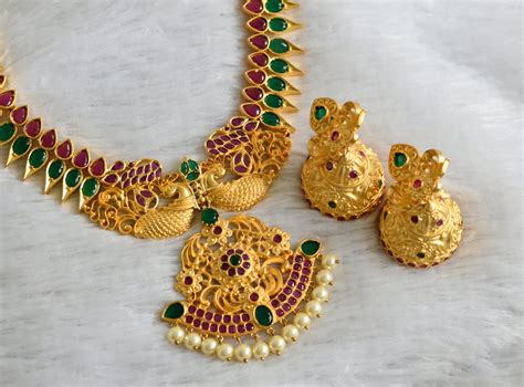 Gold tone ruby-green pearl peacock necklace set dj-47544 – dreamjwell