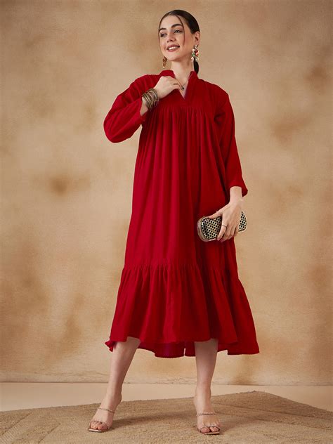 Red Velvet Manderia V Neck Flared Dress