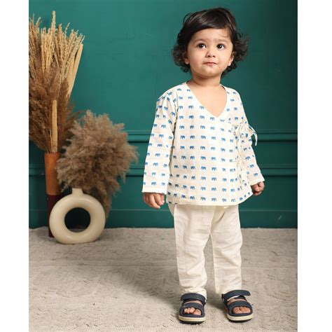Polka Tots Full Sleeve Elephant Print Front Open Angrakha Kedia Pant S ...
