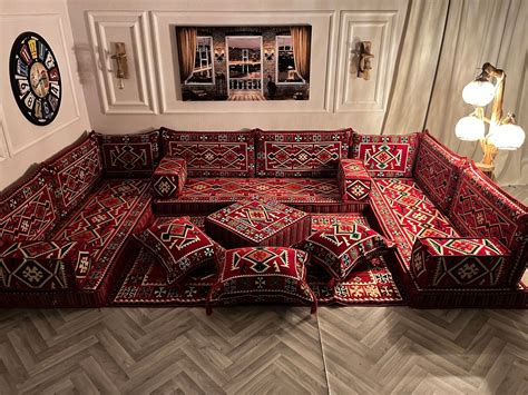 Authentic Red U Shaped Arabic Sofa Living Room Floor Seating Set, Boho ...