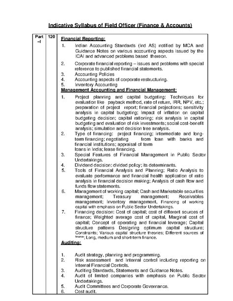 Field Officer ( F&A) Syllabus - Indicative Syllabus of Field Officer ...