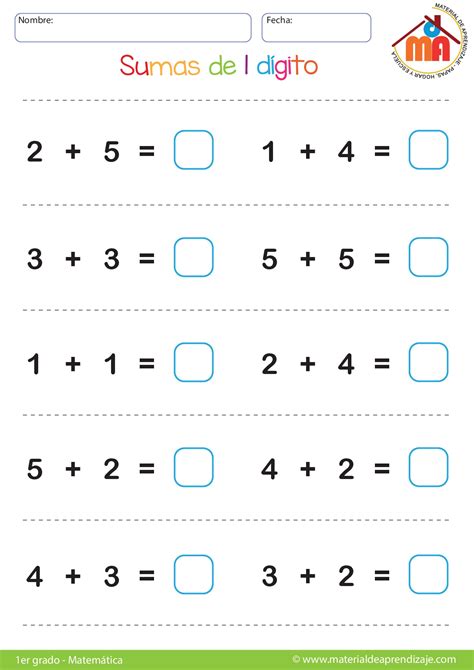 C olección de 36 fichas de sumas para primer grado de un dígito ...