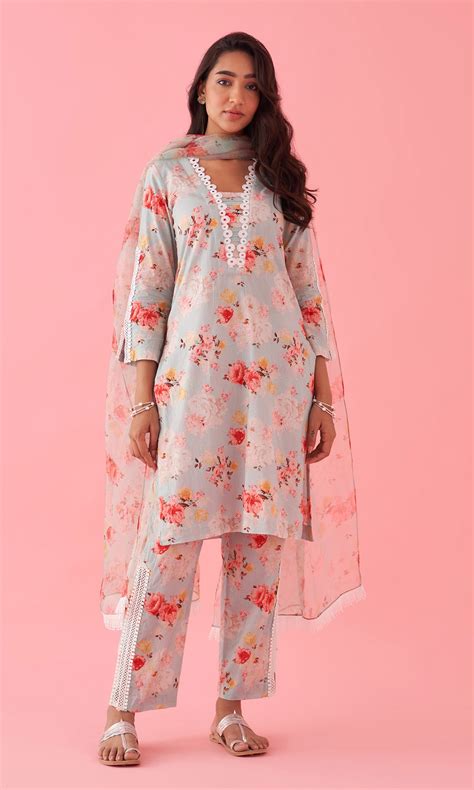 Hayat 2.0 Aqua Floral Printed Kurta Set With Palazzo and Dupatta Set o ...