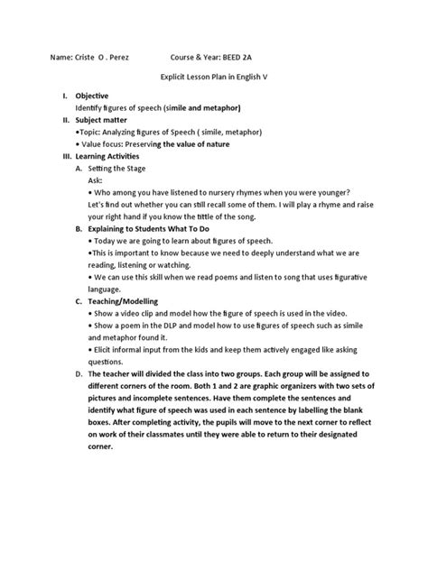 Image result for Sample Lesson Plan of Explicit Teaching
