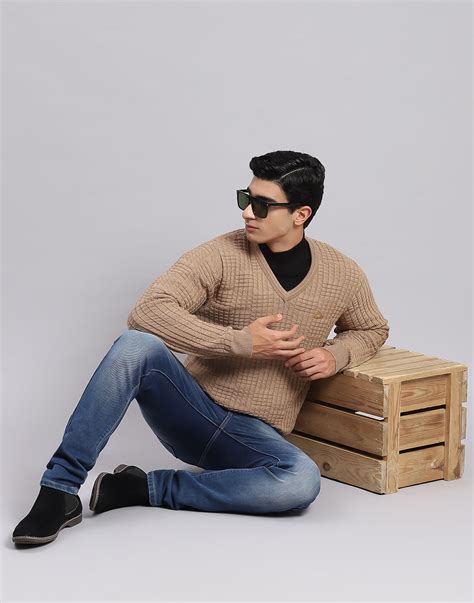 Buy Men Camel Brown Self Design V Neck Full Sleeve Sweaters/Pullovers ...