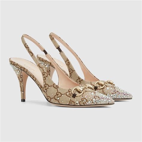 Women's slingback pump with crystal Horsebit in beige and dark brown GG ...