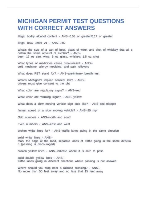 MICHIGAN PERMIT TEST QUESTIONS WITH CORRECT ANSWERS - MICHIGAN STATE ...