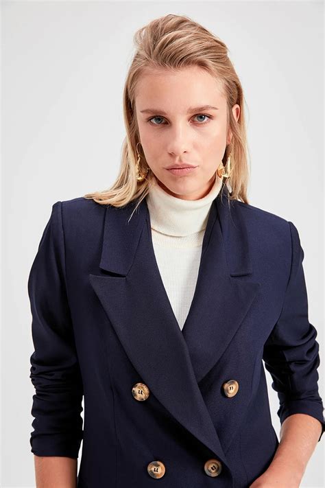 Women's Navy Blue Blazer Jacket - Beren Store