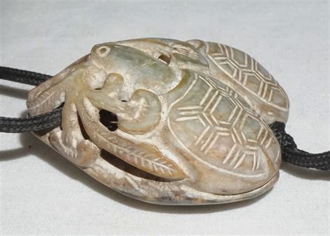 Vintage Chinese Steatite Carved Pendant w. Double Turtle Motif on Cord ...
