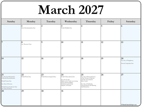 March 2027 with holidays calendar