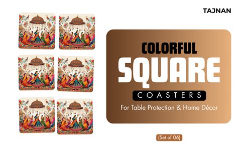 TAJNAN Vintage Indian Art Coaster Set of 6 – Traditional Square Table ...