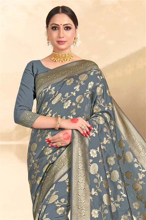Buy Steel Grey Printed Banarasi Saree 20137 Online | Karagiri