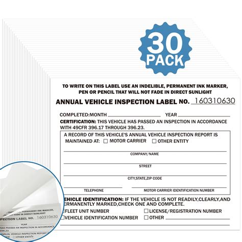 Amazon.com : 30 Pack FMCSA Annual Vehicle Inspection Sticker - 2-Ply ...