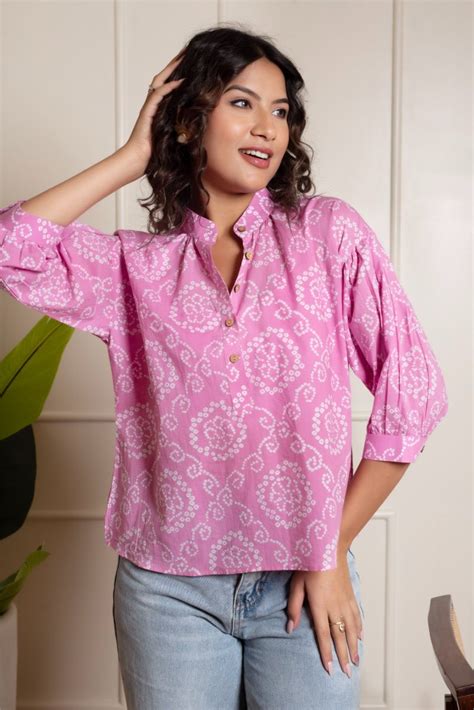 RANG MALHAR BANDHEJ PINK TOP – Pomcha Jaipur