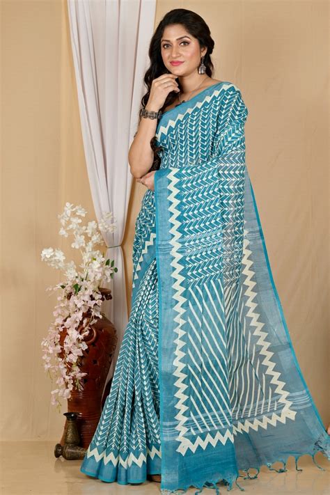See Blue Cotton Sebai Batik Print Saree (2041 )
