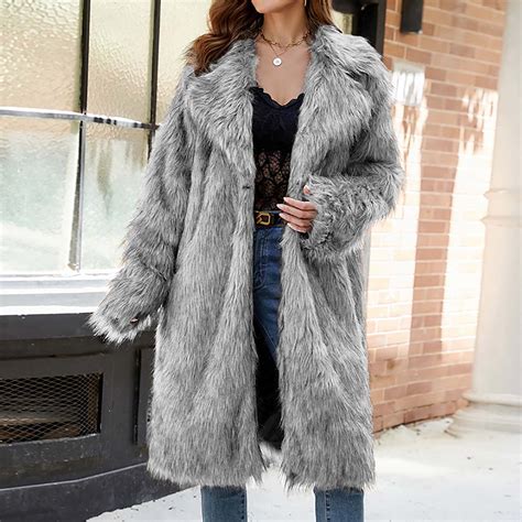 Jsaierl Womens Long Fuzzy Coat Fleece Winter Jacket Faux Fur Clothes ...