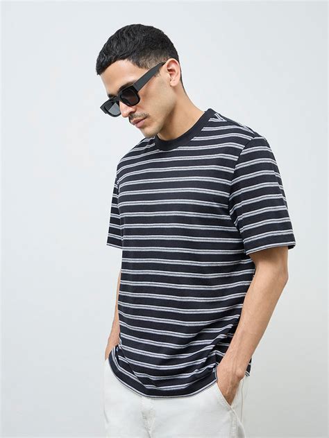 Buy WES Casuals Black Striped Relaxed-Fit Cotton T-Shirt from Westside