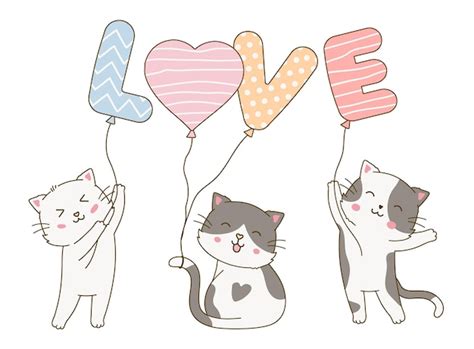 Cute cat group holding colorful love letter balloon doodle drawing ...