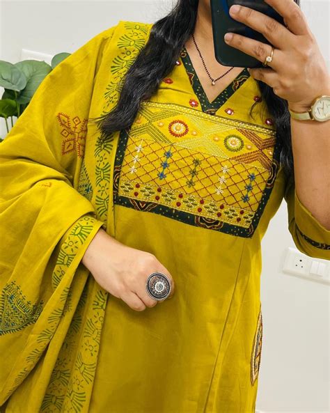 Embroidered Yoke Cotton Kurti Pant & Printed Dupatta Set – Mustard Yel ...