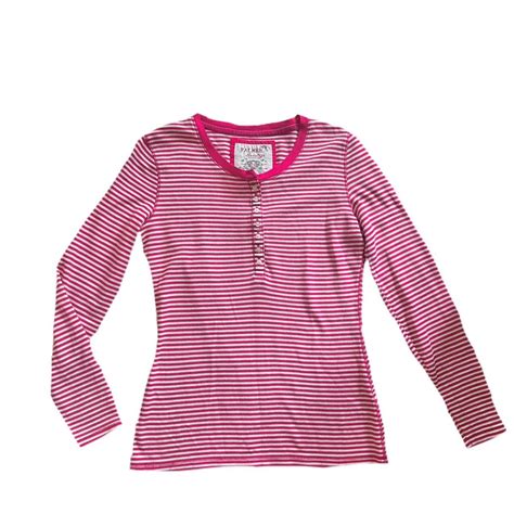 hot pink and white striped button henley top... - Depop