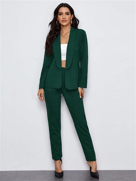 SHEIN Shawl Collar Open Front Blazer and Slant Pocket Pants Set | Green ...