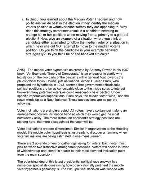 POLS 1301 Short Answer Assignment 2 - In Unit 6, you learned about the Median Voter Theorem and ...