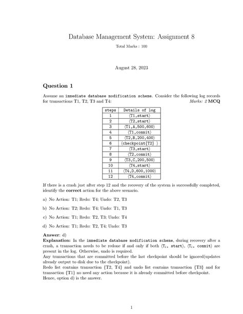 Week 8 Solution - Database Management System: Assignment 8 Total Marks ...