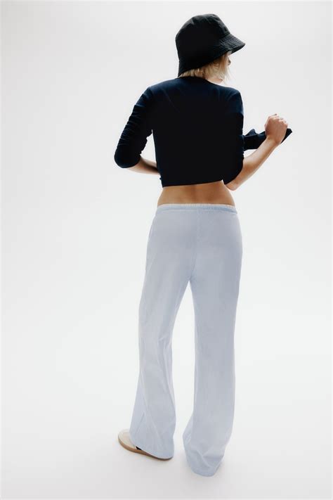 Double-waistband poplin drawstring trousers - Light blue/Striped ...