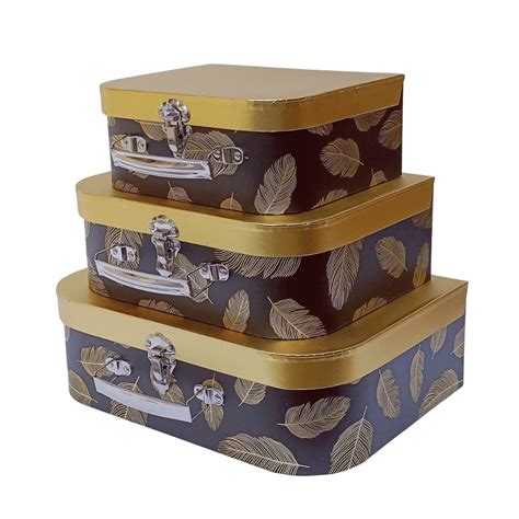 Oasis Pack Of 3 Multipurpose Paperboard Trunk Rectangular Golden Leaf ...