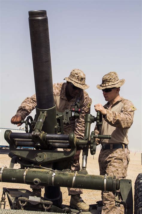 U.S. Marines set up M120, 120mm mortar systems in Al Galail, Qatar ...