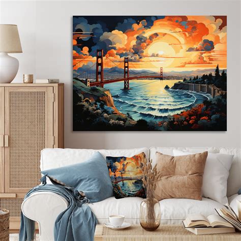 Designart "Golden Gateway Yellow Orange Bridge III" Bridges Canvas ...