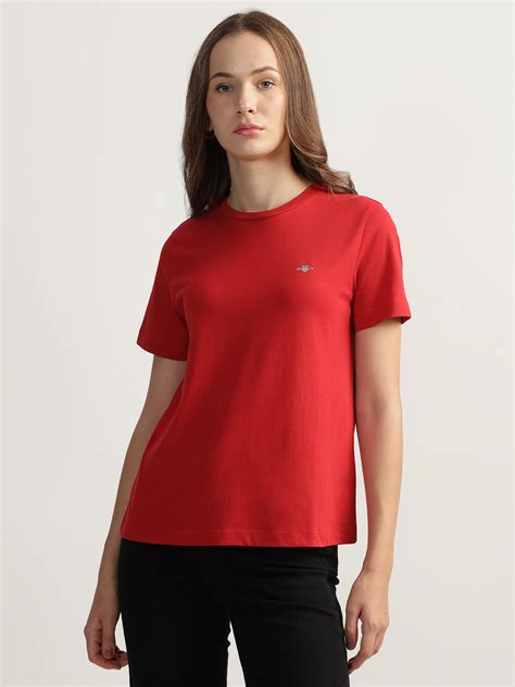 Shop Gant Women Red Solid Round Neck Short Sleeves T-shirt Online ...