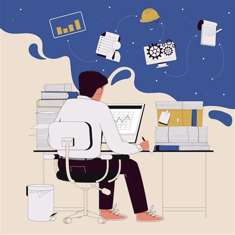Man Office Data Analyst sitzt vor Computer mit Stapeln von Papier ...