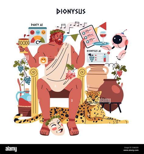 Olympic Gods Synergy AI concept. Dionysus bonds with modern technology ...