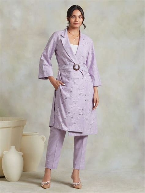 Lilac Embroidered Cotton Co-ord Set - Set of 2