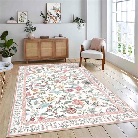 Amazon.com: Rugalia Floral Washable 5x7 Area Rug, Soft Non-Slip Pink ...