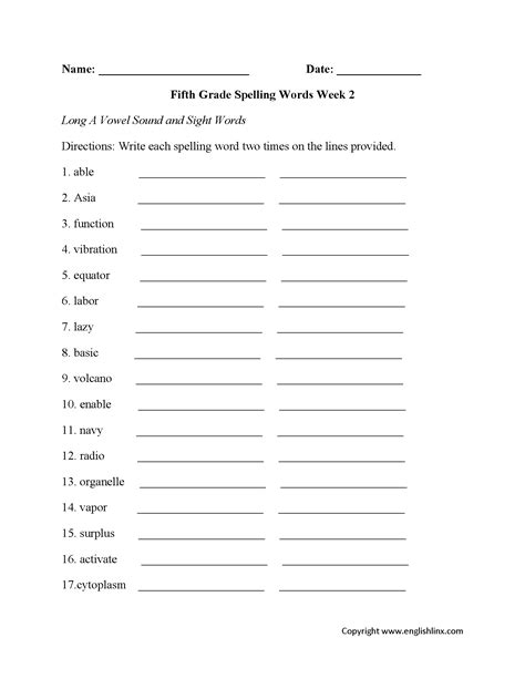 Fifth Grade Spelling Worksheets | Printable Word Lists & Weekly Practice
