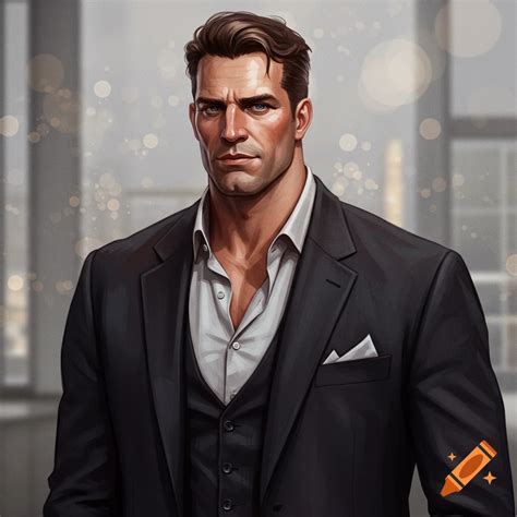 A man in a dark blue suit and lacy black shirt stands in a luxurious ...