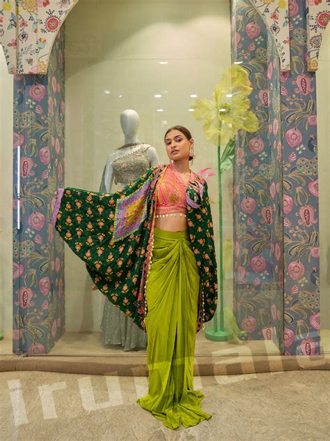 Printed Green Drape Skirt & Cape Jacket Set – Tirumala Designers