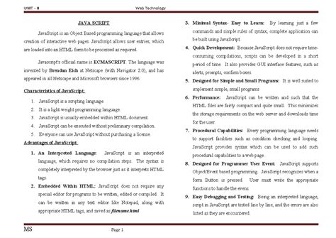 UNIT-II - JAVA SCRIPT - JAVA SCRIPT JavaScript is an Object Based ...