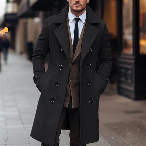 WXLWZYWL Mens Double Breasted Trench Coat Notched Lapel Long Peacoat ...