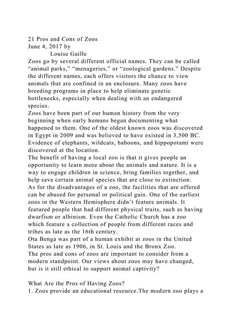 21 Pros and Cons of ZoosJune 4, 2017 by Louise Gaill.docx