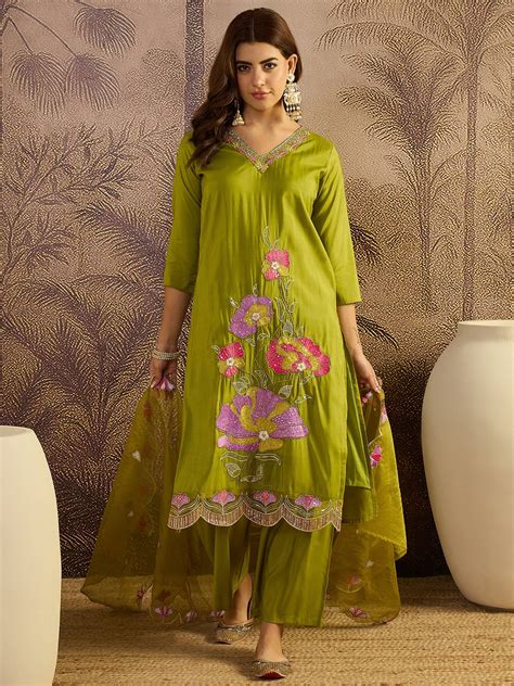 Olive Green Floral Embroidered Straight Kurta With Trouser & Dupatta K ...