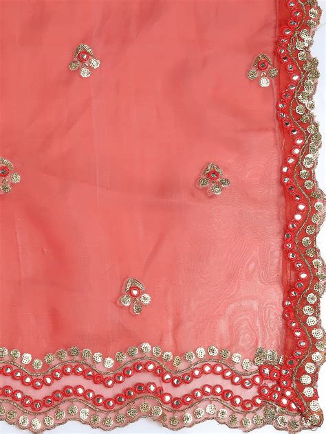 Embroidered Red Glass Tissue Dupatta with Mirror Work Dupatta Bazaar